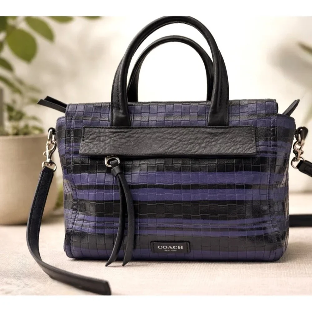 Coach Style 31001 Bleeker Blue Black Woven Leather Satchel Crossbody‎ Small Bag